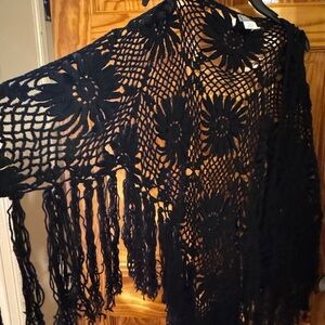 Black Crochet Fringe Women's Poncho Shrug
